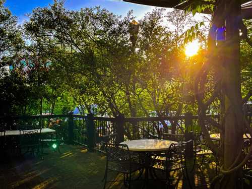 Sunlight filters through trees onto a patio with tables, creating a warm, inviting outdoor atmosphere.