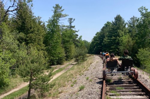 A group of people riding on a rail bike along a tree-lined railway track on a sunny day.