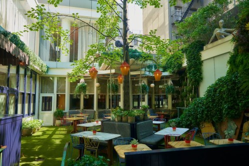 A vibrant courtyard with greenery, tables, and hanging lanterns, creating a cozy outdoor dining atmosphere.