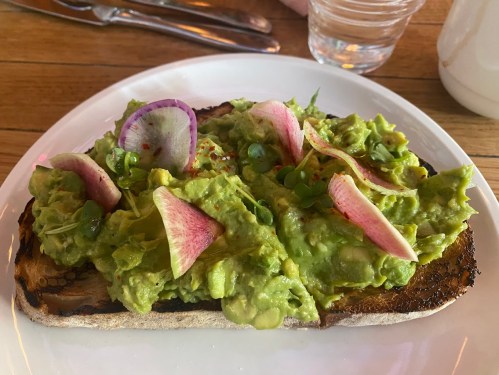 A slice of toasted bread topped with mashed avocado, radish slices, and green onions, served on a white plate.