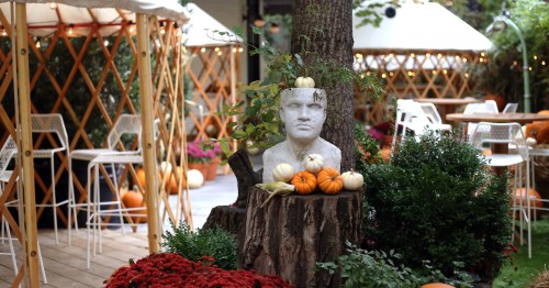 A garden scene featuring a white bust on a tree stump, surrounded by pumpkins and colorful flowers. Cozy seating in the background.