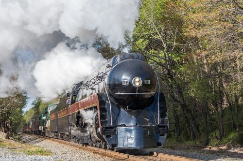 A vintage steam locomotive billows smoke as it travels along a tree-lined railway track.