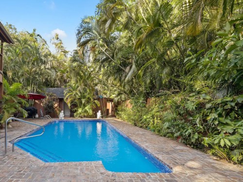 A serene swimming pool surrounded by lush greenery and tropical plants, with a clear blue sky above.