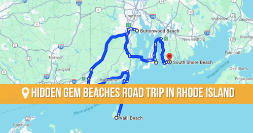 Map highlighting a road trip route to hidden gem beaches in Rhode Island, including Buttonwood Beach and South Shore Beach.