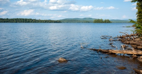 A serene lake surrounded by trees and distant hills under a blue sky with fluffy clouds.