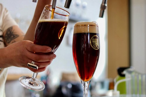 A bartender pours dark beer into two elegant glasses, showcasing rich color and frothy heads.