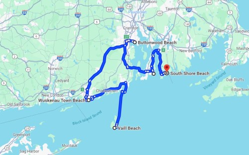 Map showing a route along the South Shore of Massachusetts, highlighting various beaches and towns.