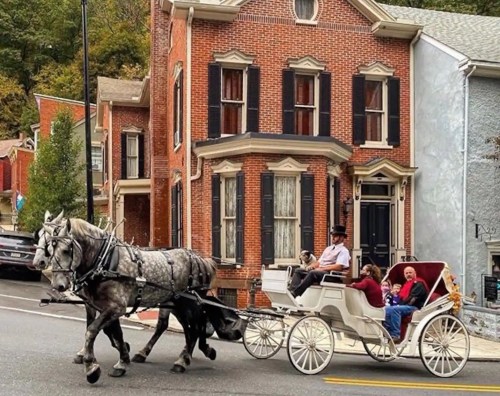 A horse-drawn carriage passes by a brick house, with passengers enjoying the ride on a sunny day.
