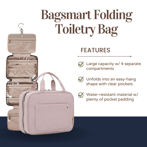 A beige Bagsmart folding toiletry bag with multiple compartments, featuring clear pockets and water-resistant material.