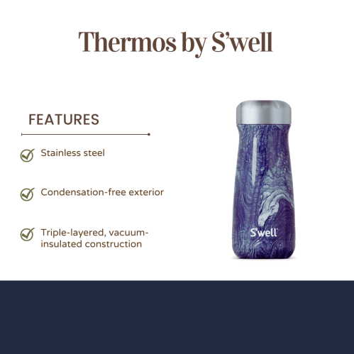 A purple S'well thermos with stainless steel, featuring a condensation-free exterior and triple-layered insulation.