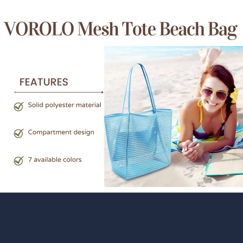 A woman relaxes on the beach with a blue VOROLO mesh tote bag, showcasing its features and color options.