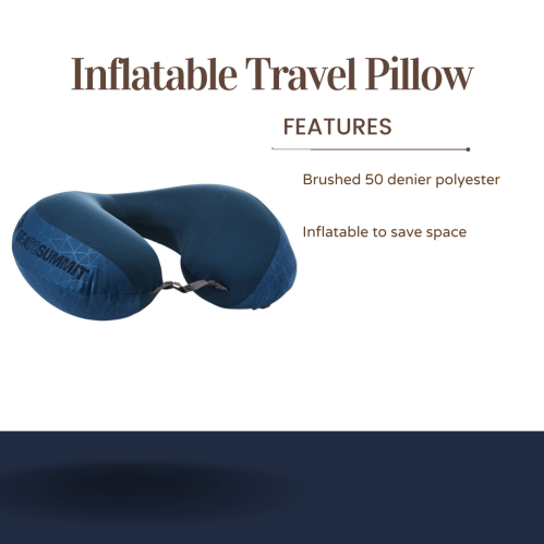 Inflatable travel pillow in blue, made of brushed polyester, designed for space-saving convenience.