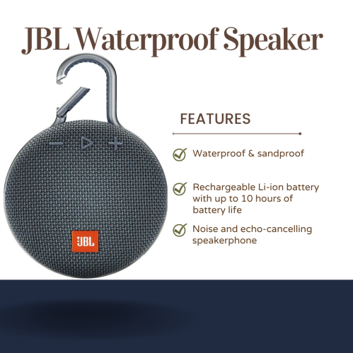 JBL waterproof speaker with features: waterproof, rechargeable battery, noise-cancelling speakerphone.