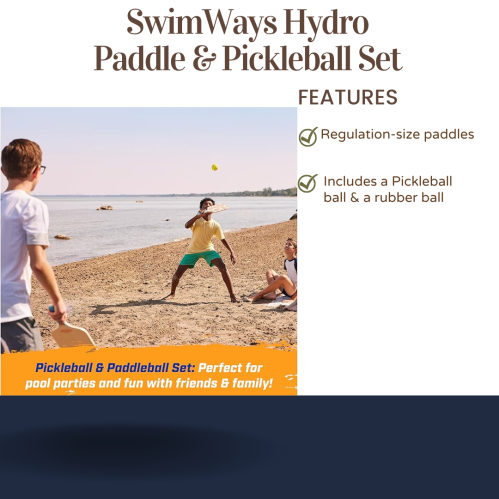 A beach scene featuring people playing with paddles and balls, promoting the SwimWays Hydro Paddle & Pickleball Set.