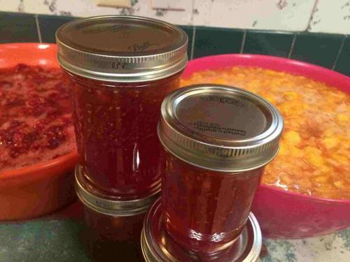 Jars of homemade jam in the foreground, with bowls of fruit preserves in the background.