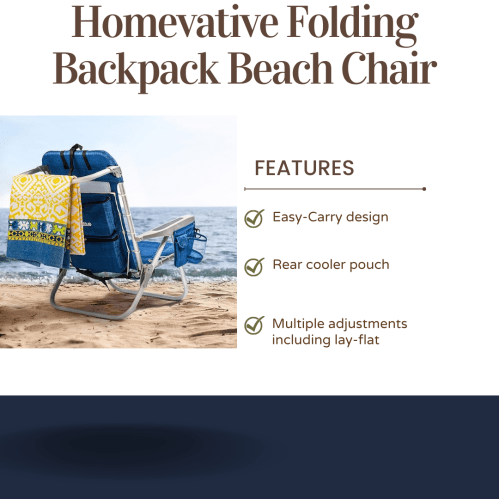 A blue folding beach chair with a towel draped over it, set on a sandy beach with water in the background.