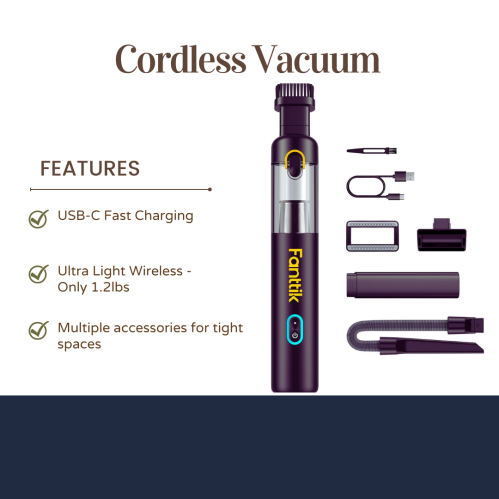 Alt text: Cordless vacuum with USB-C charging, lightweight design, and multiple accessories for tight spaces.