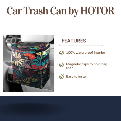 Colorful car trash can by HOTOR with waterproof interior, magnetic clips, and easy installation features.