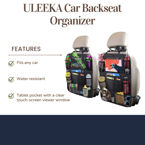 Car backseat organizer with multiple pockets, tablet holder, and water-resistant design, fitting any car.