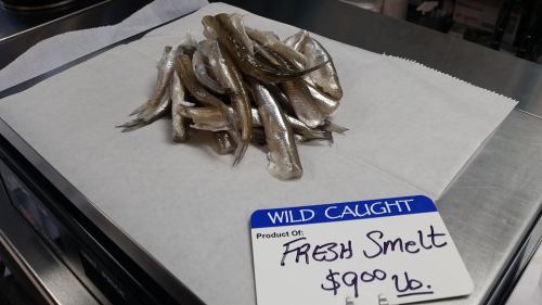 A pile of fresh smelt fish on white paper, with a sign indicating they are wild caught and priced at $9.00 per pound.