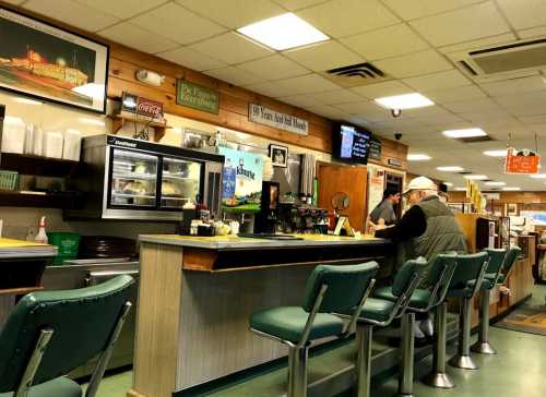 A cozy diner interior with green stools, a counter, and a customer chatting with the staff. Warm wooden decor surrounds them.