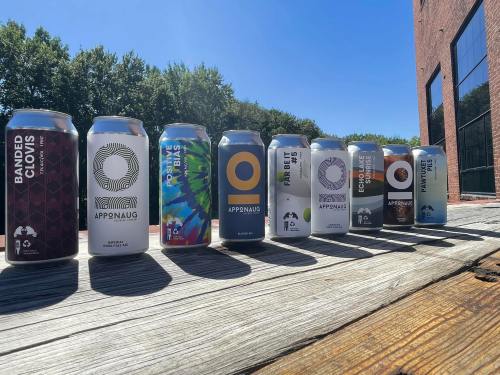 A lineup of colorful beer cans on a wooden surface, with a brick building and trees in the background.
