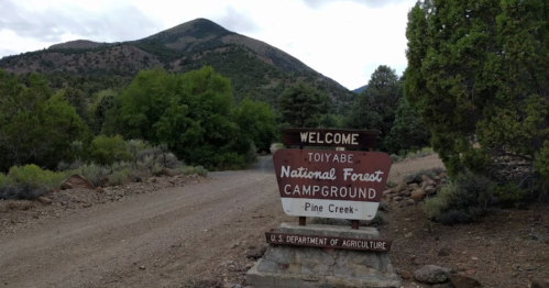 Welcome sign for Toiyabe National Forest Campground at Pine Creek, with mountains and trees in the background.