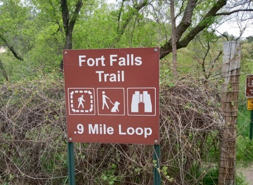 Sign for Fort Falls Trail, indicating a 0.9-mile loop for walking and pets, surrounded by greenery.
