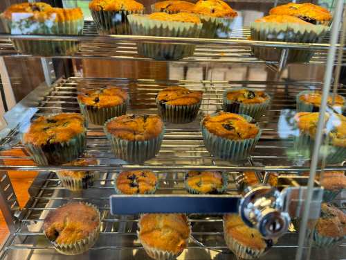 A display case filled with freshly baked blueberry muffins in paper liners.