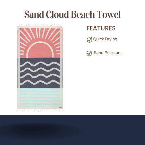 A colorful Sand Cloud beach towel with a sun and wave design, featuring quick drying and sand resistant properties.