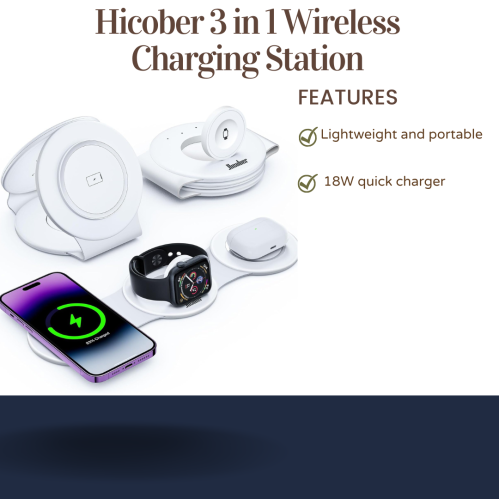 A 3-in-1 wireless charging station for phone, watch, and earbuds, featuring a lightweight design and 18W quick charger.