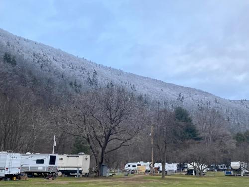A snowy mountain looms over a campground filled with RVs and bare trees under a cloudy sky.
