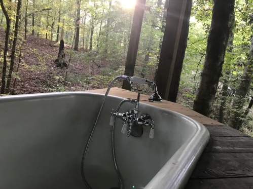 A vintage bathtub on a wooden deck surrounded by lush green trees and sunlight filtering through the forest.