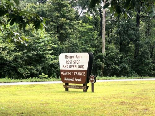 Sign for Rotary Ann Rest Stop and Overlook in Ozark-St. Francis National Forest, surrounded by greenery.