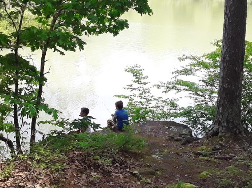 Two children sit by a serene lake, fishing amidst lush greenery and trees.