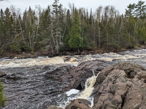 A rushing river flows over rocky terrain, surrounded by lush green trees and a forested landscape.