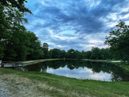 A serene pond surrounded by trees under a cloudy sky, reflecting the landscape in calm water.