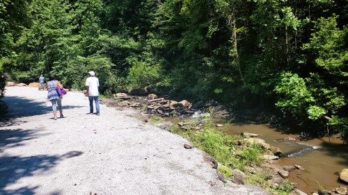 Two people walking along a gravel path beside a stream, surrounded by lush green trees.