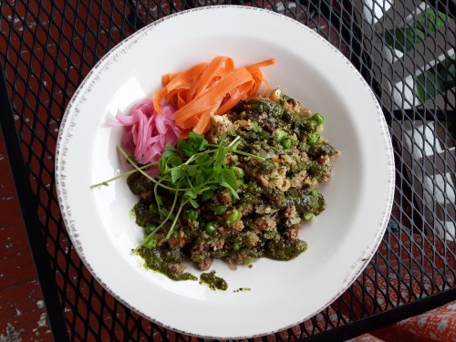 A plate of seasoned ground meat topped with green sauce, served with pickled onions, carrots, and fresh herbs.