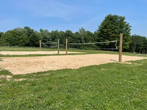 A sandy volleyball court with wooden posts, surrounded by grass and trees under a clear blue sky.