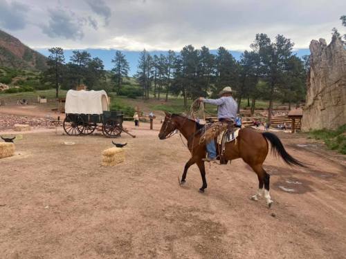 A cowboy on horseback swings a lasso in a rustic outdoor setting with a wagon and trees in the background.