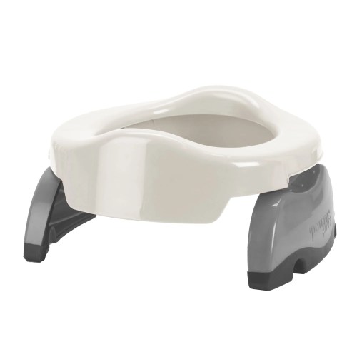 A white potty training seat with gray legs, designed for young children to use the toilet.