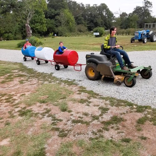 A child rides a small tractor pulling colorful barrels on a gravel path in a green outdoor setting.