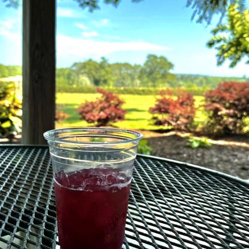 A clear cup with a dark drink sits on a table, overlooking a scenic landscape of green fields and trees.