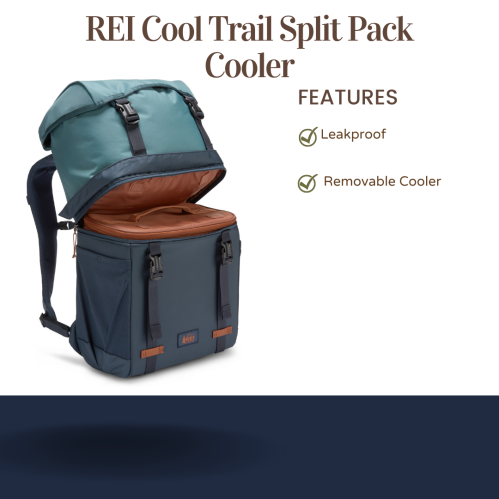 A blue and teal backpack cooler with a removable cooler compartment and leakproof design. Features highlighted.