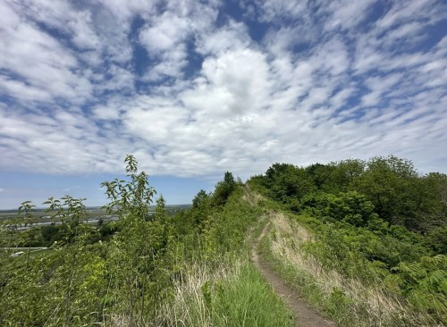 A winding path leads through lush greenery under a partly cloudy sky.