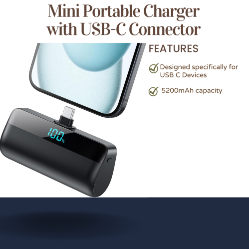 Mini portable charger with USB-C connector, featuring a 5200mAh capacity and a digital display showing 100% charge.