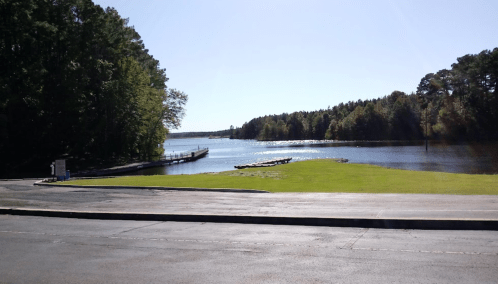 A serene lake view with a grassy shore, dock, and trees lining the water's edge under a clear blue sky.