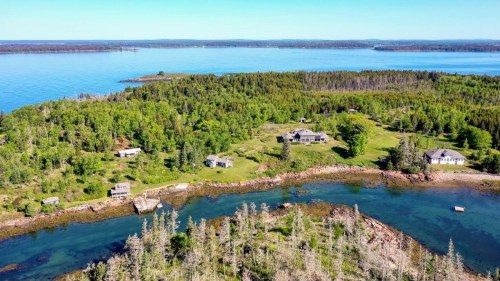 Aerial view of a lush, green landscape with houses near a calm blue bay and distant islands.