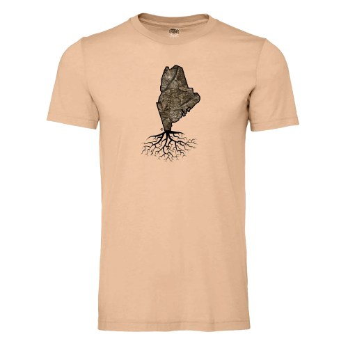Beige t-shirt featuring a graphic of the state of Maine with roots extending below.